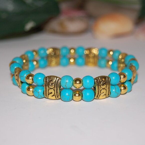 Turquoise Bracelet,Double Beaded Bracelet,Blue and Gold Bracelet - Picture 2 of 3